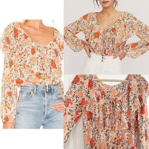 Free People Intimately Free Say It To Me Orange and Cream Bodysuit-Floral Blouse